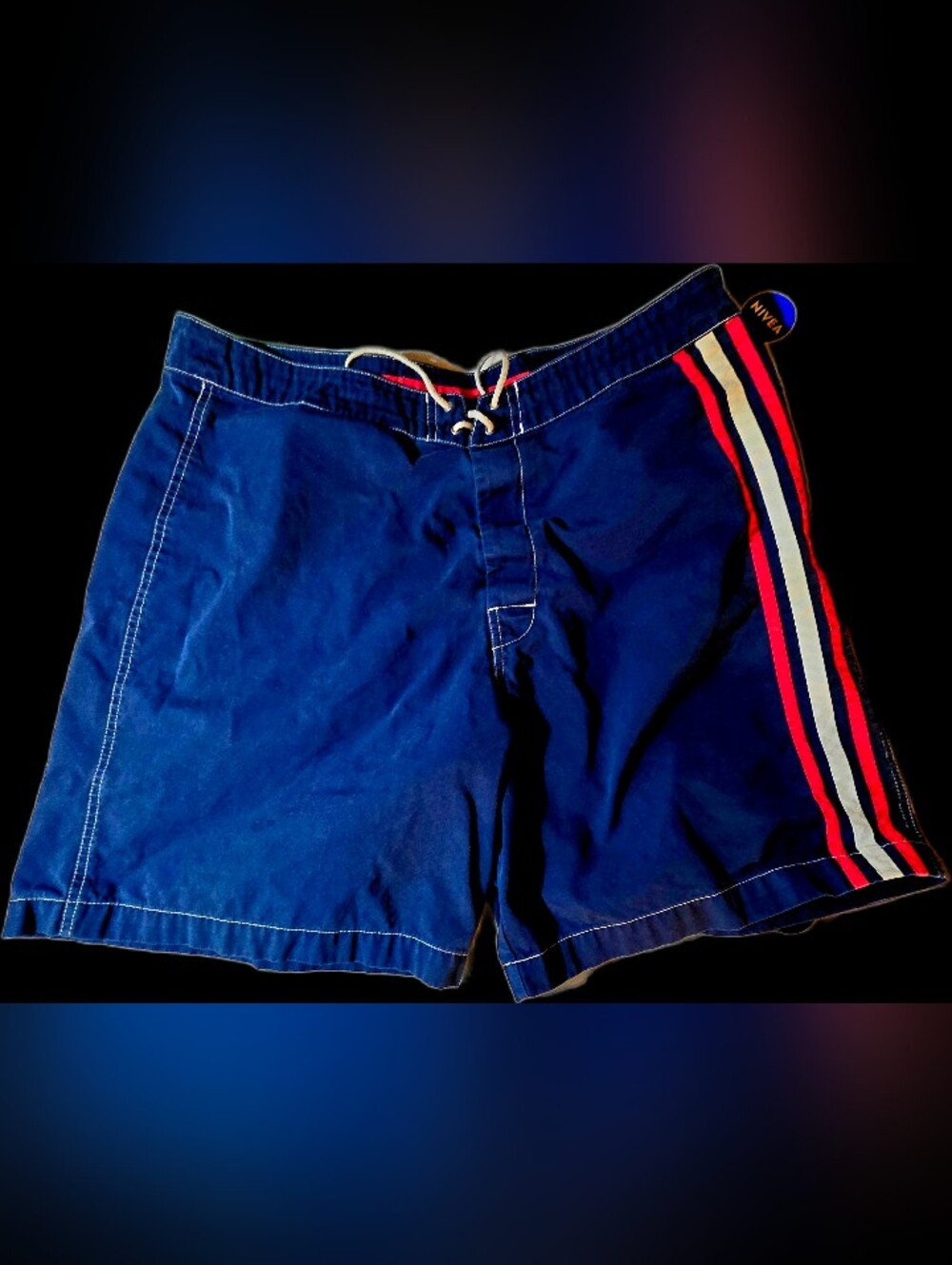 VINTAGE Polo SPORTby Ralph Lauren Navy Swim Shorts with Red & White Side Stripes